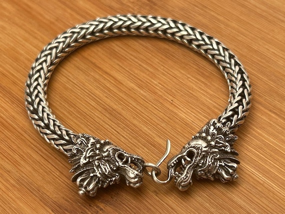 Sterling Silver Dragon Head Bracelet, Viking Knit Chain, Norse Jewelry, 7.25"