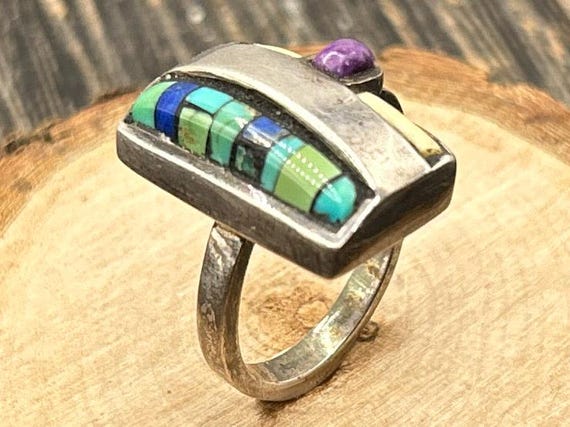 Vintage LATTA Zuni-Style Channel Inlay Ring | Sterling Silver, Turquoise, Lapis & Sugilite | Southwestern Artisan Size 6 Statement Ring