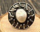 Modernist Sterling Silver Pearl Ring, Large Brutalist Statement Ring, Vintage Artisan Jewelry Size 8.5