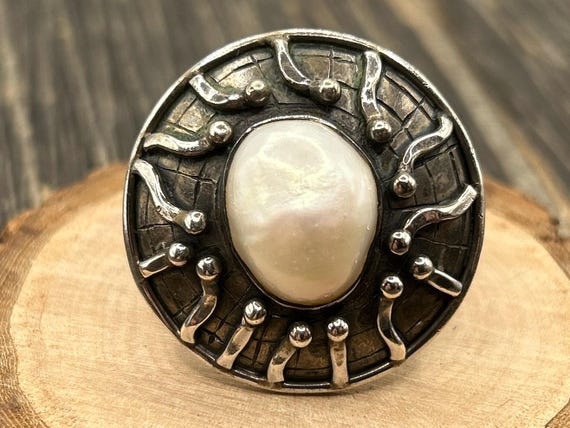 Modernist Sterling Silver Pearl Ring, Large Brutalist Statement Ring, Vintage Artisan Jewelry Size 8.5