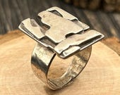 Bold Geometric Statement Ring, Vintage Scandinavian Modernist Silver, Adjustable Band, Size 8 1/4