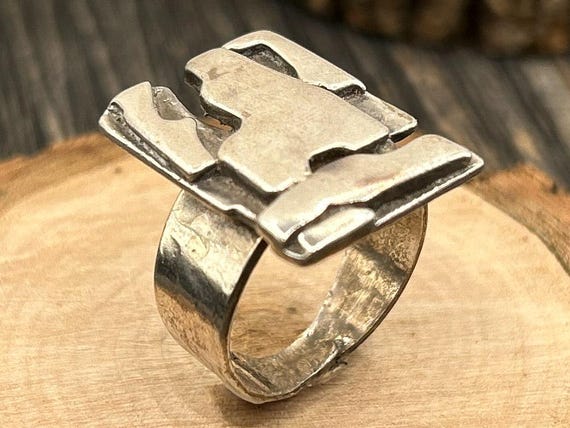 Bold Geometric Statement Ring, Vintage Scandinavian Modernist Silver, Adjustable Band, Size 8 1/4