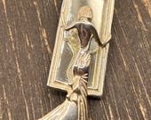 Vintage Sterling Silver Woman in Flowing Dress Brooch with Art Deco Mirror Design