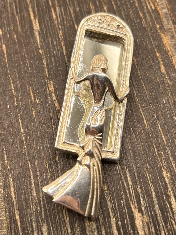 Vintage Sterling Silver Woman in Flowing Dress Brooch with Art Deco Mirror Design