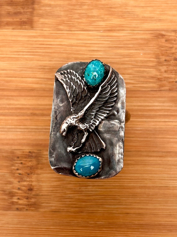 Vintage Navajo Silver Ring with Majestic Eagle & Turquoise, Size 11, 12.22 Grams