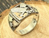 Black Hills Style Eagle Ring, Sterling Silver & Mixed Metal Accents, Men's Size 10.75, Patriotic Jewelry