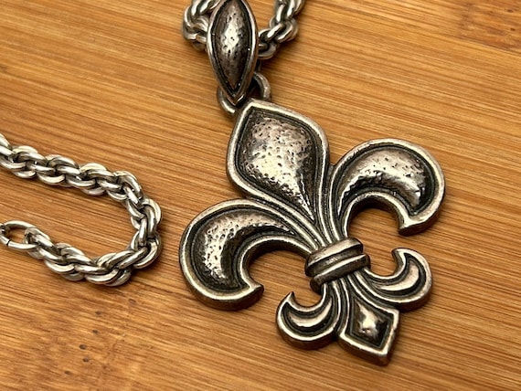 All Sterling Silver Fleur de Lis Necklace - QG 925 Antique Finish Statement Pendant & Chain - Unisex Gothic Jewelry