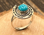 Navajo-Inspired Sterling Silver Horseshoe Turquoise Ring - Size 8 1/2 - Vintage Southwest Jewelry