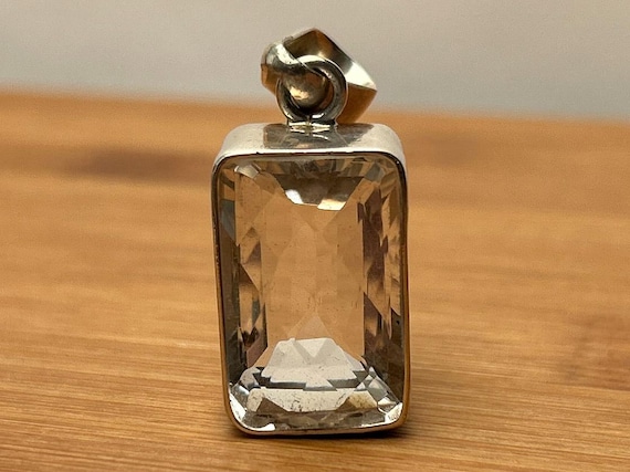 Charles Albert Sterling Silver Pendant - Large Faceted Lemon Quartz Statement Necklace - Modernist Designer Jewelry