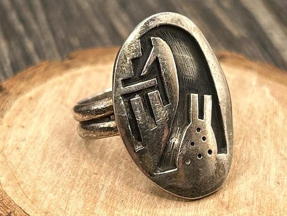 Vintage Navajo Sterling Silver Ring Signed FLN Southwest Overlay Pottery Design