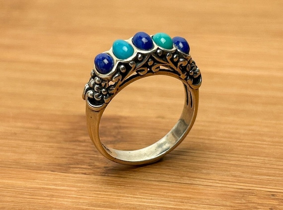 Vintage Carolyn Pollack Relios Sterling Silver Lapis and Turquoise Ring, Southwestern Floral Design