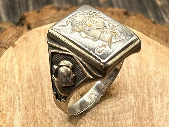 Vintage Sterling Silver Roman Soldier Ring, Two-Tone Embossed Design, Size 9.5, Statement Ring
