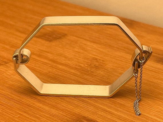 Vintage Spanish 925 Sterling Silver Hinged Bangle Bracelet, Octagonal Modernist Design, Size 7