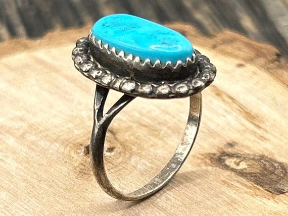 Vintage Navajo Sterling Silver and Turquoise Ring, Signed JJB, Size 6 1/4
