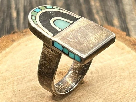 Vintage 1994 LATTA Signed Southwestern Inlay Ring Sterling Silver Turquoise Opal Geometric Modernist Size 8