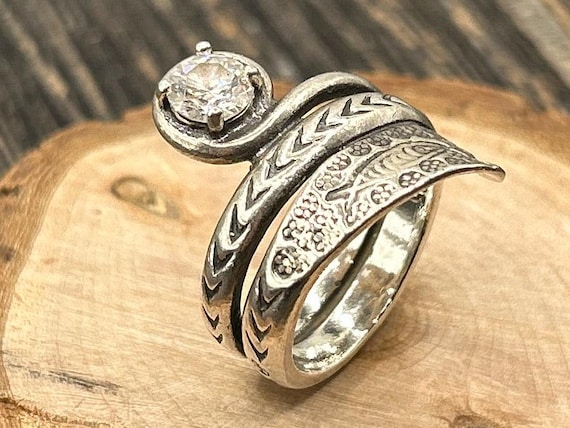 Sterling Silver Snake Ring, Israeli Jewelry, Wraparound Statement Ring, Size 7 3/4