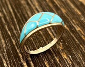 Sterling Silver Turquoise Inlay Ring, Navajo-Style, Size 7 3/4, Signed J Sterling J