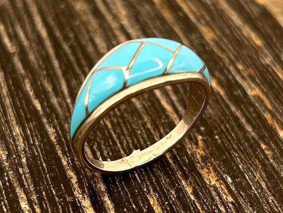 Sterling Silver Turquoise Inlay Ring, Navajo-Style, Size 7 3/4, Signed J Sterling J