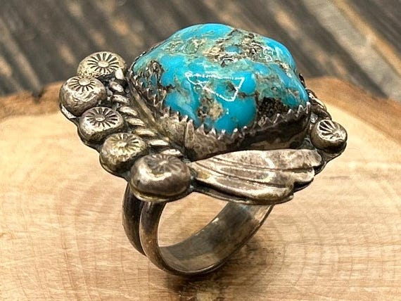 Vintage Navajo Boulder Turquoise Sterling Silver Ring, Size 6 1/4, Unsigned, Southwestern Jewelry