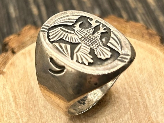 Vintage Southwestern Thunderbird Overlay Sterling Silver Ring - Heavy Mens Handmade Size 10 3/4