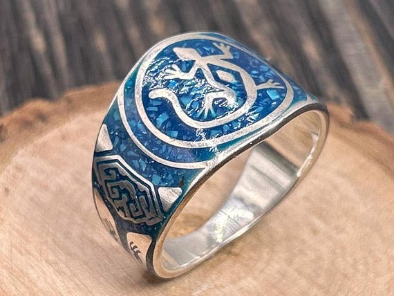 Mens Sterling Silver Lizard Ring Blue Chip Inlay Gecko Band Southwestern Style Bear Paw Signet