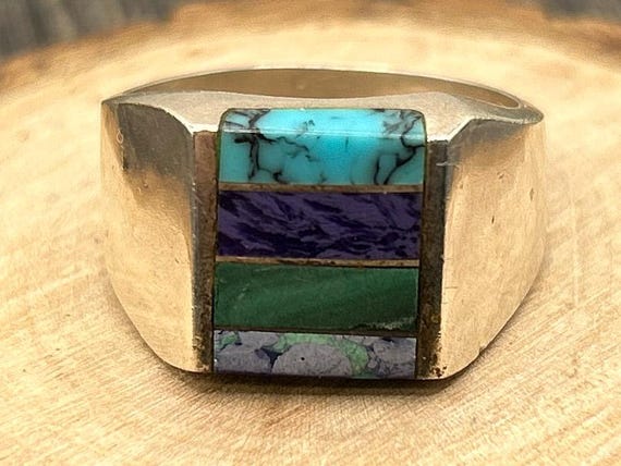 Taxco Sterling Silver Inlay Signet Ring Size 10 3/4, Turquoise Lapis Malachite Striped