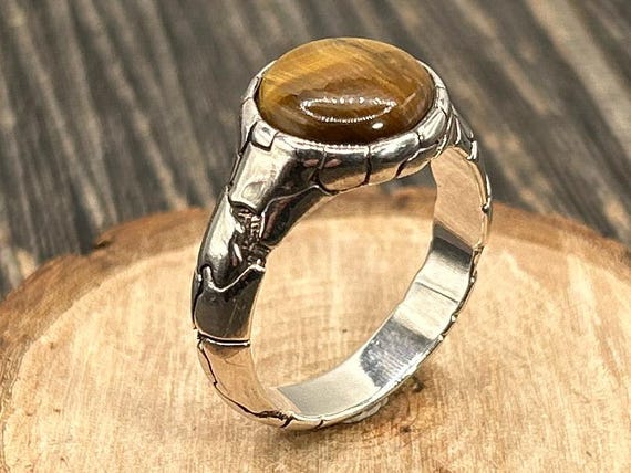 Mens Vintage Tiger Eye Ring Sterling Silver 925 Size 12 Heavy 11.1g Cobblestone Texture Statement Band Signed C+J