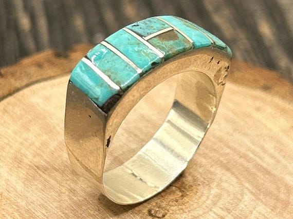 Authentic Zuni Pueblo Turquoise Channel Inlay Sterling Silver Ring - Size 8 - Marked VK ZUNI