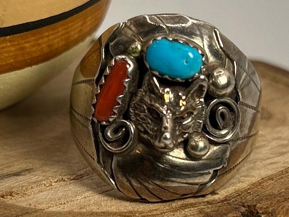 Vintage Southwestern Wolf Ring Sterling Silver Turquoise Red Coral Mens Size 10.5