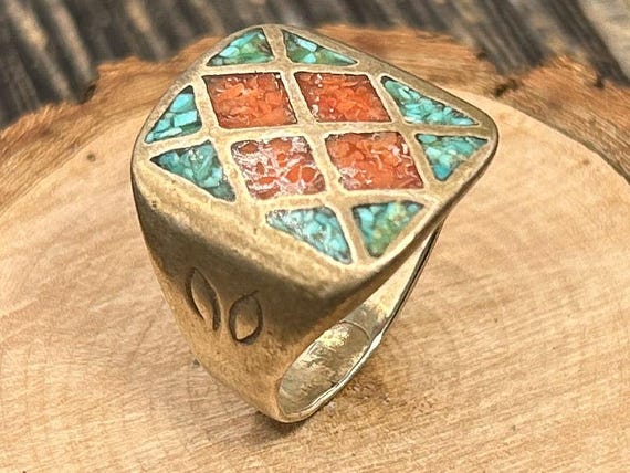 Vintage Sterling Silver Chip Inlay Ring Size 8.75 Turquoise Coral Geometric Southwest Style Signet