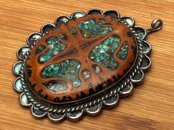 Vintage Native American Sterling Silver Pendant | Crushed Turquoise & Wood Tortoise Design | Signed GW