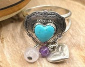 NOS Vintage Sterling Silver Heart Turquoise Ring with Charms, Size 9, Carolyn Pollack Era