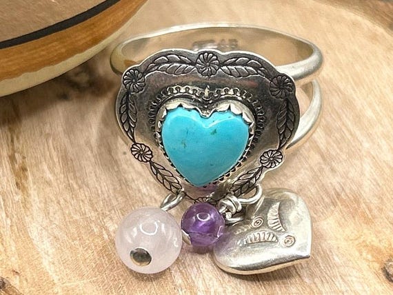 NOS Vintage Sterling Silver Heart Turquoise Ring with Charms, Size 9, Carolyn Pollack Era