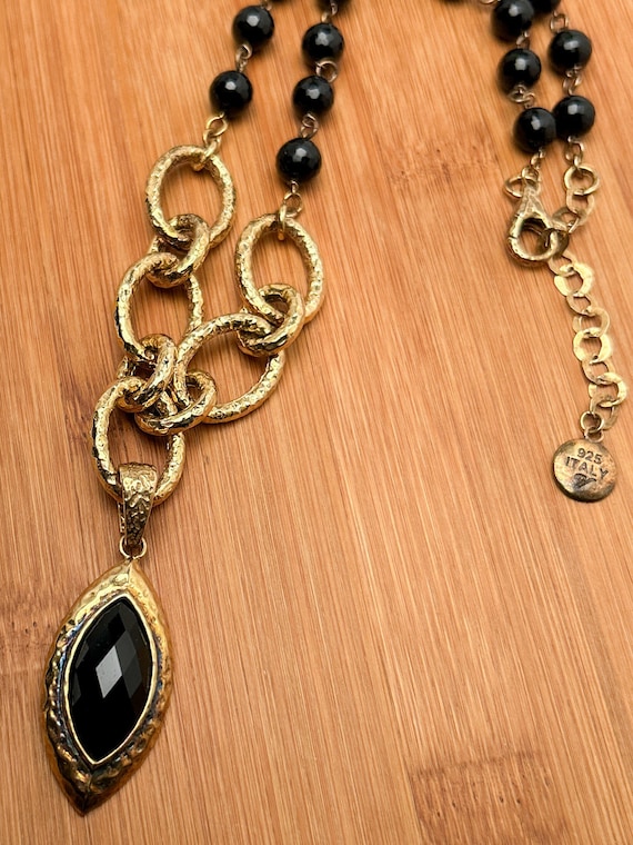 Etruscan Veronese Sterling Silver Gold Vermeil Necklace with Black Onyx - 18” + Extension