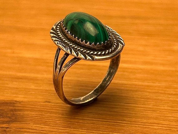 Sterling Silver Navajo Malachite Ring by Will Denetdale, Size 8 1/4, 5g, Signed