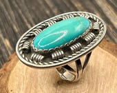 Navajo Sterling Silver Turquoise Ring, Size 10 1/4, Vintage Native American Jewelry