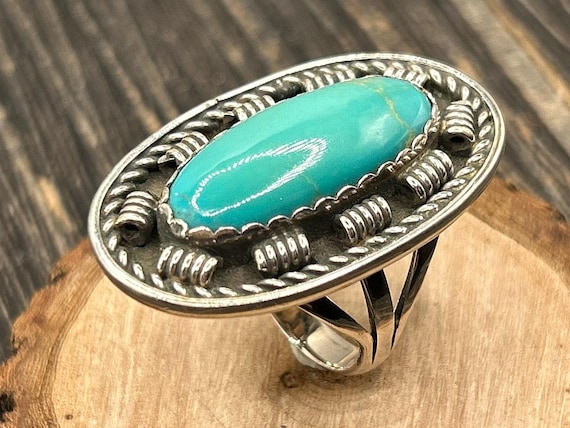Navajo Sterling Silver Turquoise Ring, Size 10 1/4, Vintage Native American Jewelry