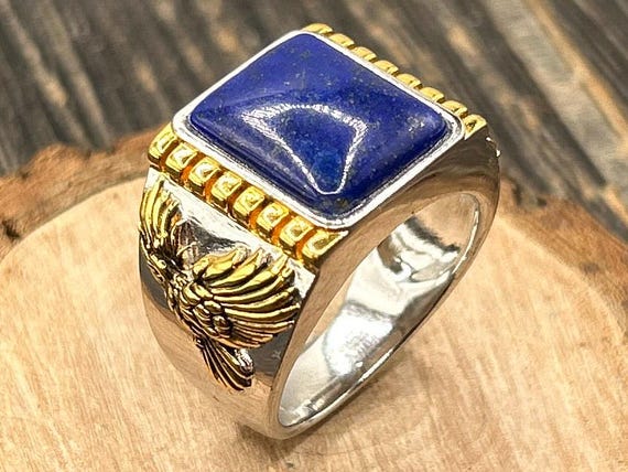 Sterling Silver Lapis Lazuli Eagle Ring, Men's Eagle Gemstone Jewelry, Patriotic Statement Ring