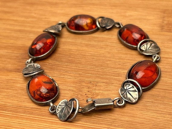 Vintage Sterling Silver Amber Link Bracelet 925 Botanical Leaf Design Cognac Baltic Gemstone 7.75 Inch