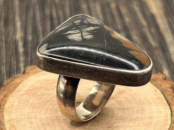 Charles Albert Sterling Silver Ring with Unique Stone, Size 7.25, Signed