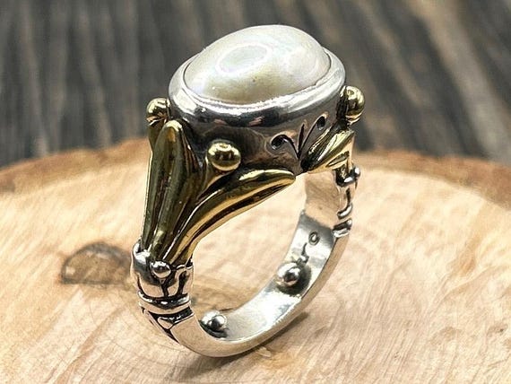 Vintage Cartier Sterling Silver & Gold-Toned Pearl Ring, Size 5, Elegant Statement Ring, Classic Pearl Jewelry