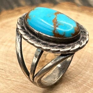 Vintage Navajo Sterling Silber Türkis Ring, Größe 8, Seil-Detail, signiert AC