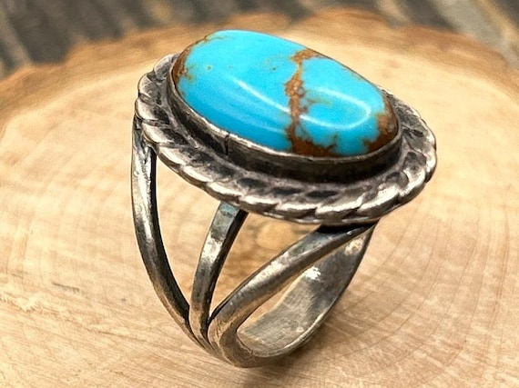 Vintage Navajo Sterling Silver Turquoise Ring, Size 8, Rope Detail, Signed AC