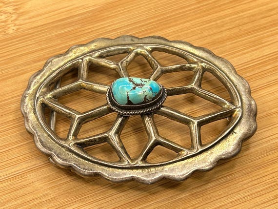 Vintage Sterling Silver Turquoise Belt Buckle Southwestern Spiderweb Openwork Design