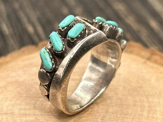 Vintage Southwestern Sterling Silver Turquoise Ring, Multi Stone Geometric Band, Native American Style Sawtooth Bezel Jewelry
