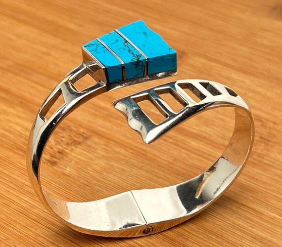 Vintage Taxco Sterling Silver & Turquoise Hinged Bangle Bracelet, Mexico 925 TN-62, Southwestern Jewelry