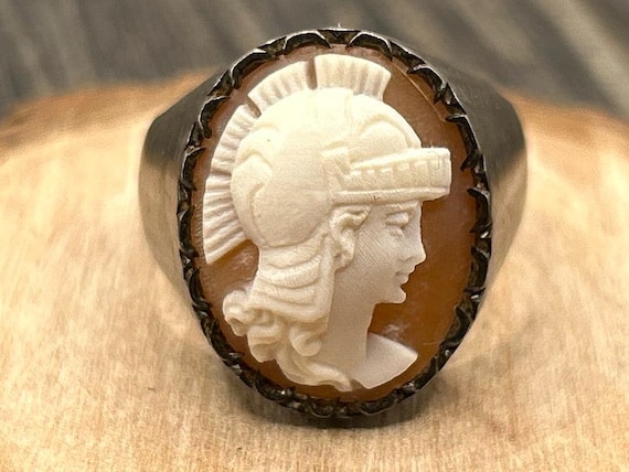 Vintage Silver Shell Cameo Ring - Carved Helmeted Athena Minerva Profile Classical Soldier Jewelry
