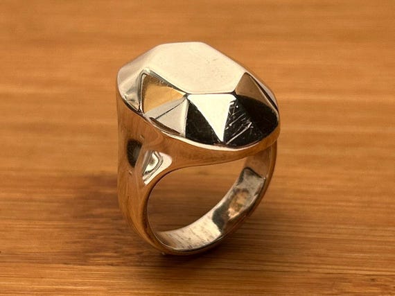 Vintage Geometric Sterling Silver Ring, Size 10, Faceted Oval Face, Marked ITALY 925