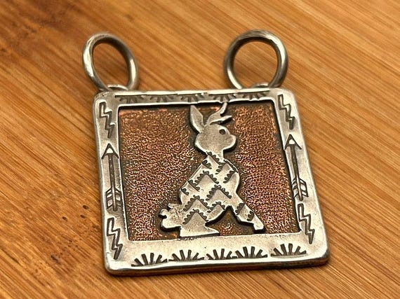 Copper & Sterling Silver Rabbit Storyteller Pendant, Southwest Animal Jewelry