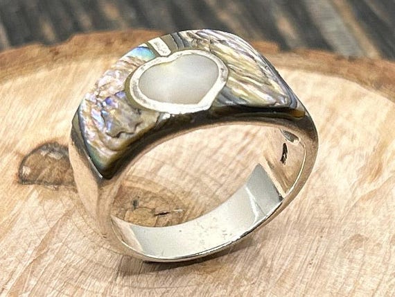 Vintage Abalone Heart Ring, Sterling Silver, Size 8 3/4, Perfect Valentine's Day Gift